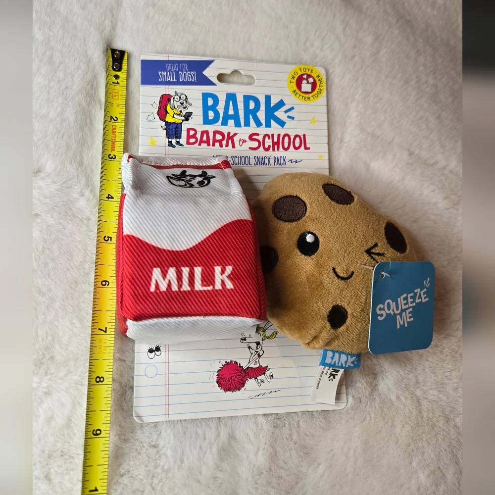 Bark Box Bark To School After-School Snack Pack Milk Cookie Squeaker Toy Set New